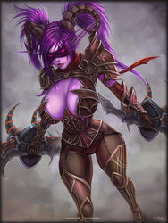  2019 absurd_res armor big_breasts blindfold blizzard_entertainment breasts clothed clothing demon_hunter demon_hunter_(warcraft) digital_media_(artwork) elf female fingers glowing glowing_eyes hair hi_res holding_object holding_weapon horn humanoid humanoid_pointy_ears melee_weapon night_elf nilania not_furry purple_body purple_eyes purple_hair purple_skin simple_background smile solo tattoo thick_thighs twintails vempire warcraft weapon wide_hips 