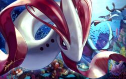  air_bubble akiwashi antennae black_eyes bright_pupils bubble chinchou colored_sclera commentary coral corsola cross-shaped_pupils fish highres krabby luvdisc mantine milotic no_humans octillery pokemon pokemon_(creature) purple_sclera pyukumuku remoraid signature symbol-shaped_pupils underwater white_pupils yellow_sclera 