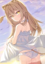  animal_ears ass bare_arms bare_shoulders blush brown_hair butt_crack clothes_lift cowboy_shot crossed_bangs dress dress_lift expressionless female frilled_dress frills from_behind highres ina_(inadahime) indie_virtual_youtuber lifting_own_clothes lion_ears lion_tail long_hair looking_at_viewer looking_back panties rurudo_lion rurudo_lion_(1st_costume) see-through see-through_dress see-through_panties sidelocks solo sunlight tail underwear virtual_youtuber wading wet wet_clothes yellow_eyes 