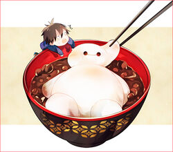  1boy ^^^ adzuki_bean afloat baymax big_hero_6 black_hair border bowl brown_hair chibi chopsticks climbing commentary_request crying disney food hiro_hamada in_food kamari_(kama_ri) long_sleeves looking_up male_focus mochi o_o photoshop_(medium) picking_up red_border robot shiruko_(food) soup surprised wagashi 