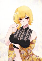  :&gt; absurdres airani_iofifteen_(artist) arm_under_breasts bare_shoulders black_shirt blonde_hair breasts closed_mouth collared_shirt commentary cosplay english_commentary female hand_in_own_hair highres hololive hololive_indonesia kaela_kovalskia looking_at_viewer midriff navel pavolia_reine pavolia_reine_(cosplay) pavolia_reine_(street) red_eyes shawl shirt signature sleeveless sleeveless_shirt smile solo upper_body virtual_youtuber yellow_shawl 