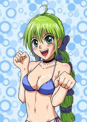  ahoge bikini breasts choker female green_eyes green_hair hair_ribbon long_hair looking_at_viewer matsuba_gogatsu multi-tied_hair navel open_mouth ponytail ribbon saga saga_frontier_2 smile solo swimsuit very_long_hair virginia_knights 