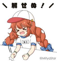  &gt;_&lt; baseball_cap blue_bow blush bow braid brown_hair closed_eyes commentary_request female gym_shirt hairbow hat long_hair mitya open_mouth plaid plaid_bow princess_connect! puffy_short_sleeves puffy_sleeves shirt short_sleeves simple_background slam solo tears translation_request twin_braids twintails twitter_username unmoving_pattern upper_body v-shaped_eyebrows very_long_hair wavy_mouth white_background white_hat white_shirt yuni_(princess_connect!) yuni_(school_festival)_(princess_connect!) 