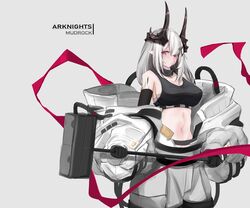  absurdres arknights asumi_maboroshi bare_shoulders black_gloves black_sports_bra breasts character_name commentary copyright_name cowboy_shot crop_top female gloves grey_background hammer highres holding holding_hammer holding_weapon horns large_breasts long_hair looking_at_viewer material_growth midriff mudrock_(arknights) mudrock_(elite_ii)_(arknights) navel off_shoulder oripathy_lesion_(arknights) pointy_ears red_eyes sarashi simple_background solo sports_bra standing stomach weapon white_hair 