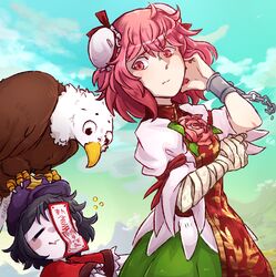  2girls animal animal_on_head artist_name bandaged_arm bandages bird black_hair blush_stickers broken broken_chain bun_cover chains chinese_clothes closed_eyes cuffs day double_bun eagle flower furrowed_brow gradient_sky hair_bun hand_up hat hat_ornament highres ibaraki_kasen jiangshi looking_at_another medium_hair miyako_yoshika mountain mountainous_horizon multiple_girls ofuda on_head outdoors outstretched_arms pale_skin pink_hair raised_eyebrow red_eyes rose shackles sky sleep_(isliping) sleepy star_(symbol) star_hat_ornament tabard touhou zombie_pose 