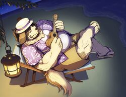  2020 anthro beach belly bottomwear brown_body brown_fur canid canine canis clothed clothing domestic_dog footwear fur hat headgear headwear hi_res kemono lute male mammal musical_instrument night open_clothing open_shirt open_topwear outside overweight overweight_anthro overweight_male plucked_string_instrument sandals seaside shirt shorts sitting solo string_instrument topwear ukulele water watoson 