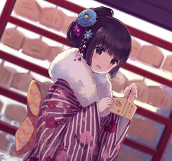  :d black_hair blue_flower blurry blurry_background commentary depth_of_field dutch_angle ema female floral_print flower fur_collar hair_flower hair_ornament hands_up high_ponytail holding japanese_clothes kimono long_sleeves nekomo open_mouth original ponytail print_kimono purple_flower purple_kimono sleeves_past_wrists smile solo striped_clothes striped_kimono translated upper_body wide_sleeves 