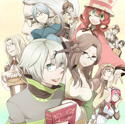  5girls 6+boys adjusting_eyewear ahoge ascot benkaistein blonde_hair blue_eyes blue_hair blue_jacket book braid brown_dress brown_eyes brown_hair brown_skirt charles_orleans closed_mouth commentary_request dress elly_(ragnarok_online) facial_hair glasses gloves green_eyes hair_between_eyes hair_over_one_eye hat jacket kafra_uniform kiel-d-01 kiel_hyre leilah_(ragnarok_online) long_hair looking_at_viewer lyozien lyrus_(ragnarok_online) maid maid_headdress medium_hair monocle moustache multiple_boys multiple_girls negi_mugiya niren old old_man open_mouth phantom_thief_anniversary puffy_short_sleeves puffy_sleeves ragnarok_online rectangular_eyewear red_hair semi-rimless_eyewear short_hair short_ponytail short_sleeves skirt smile star_(symbol) top_hat trait_connection under-rim_eyewear upper_body white_ascot white_gloves white_hair yuri_(ragnarok_online) 