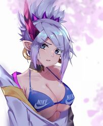  annoyed armpit_crease blue_bra blue_eyes blue_hair bra breasts dayshiart earrings english_commentary female jewelry large_breasts league_of_legends nike_(company) pointy_ears riven_(league_of_legends) solo spirit_blossom_(league_of_legends) spirit_blossom_riven tied_hair underwear 