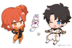  1boy bad_id bad_twitter_id belt black_hair blue_eyes blush_stickers chibi drop_shadow fate/grand_order fate_(series) female fou_(fate) fujimaru_ritsuka_(female) fujimaru_ritsuka_(female)_(captain_chaldea) fujimaru_ritsuka_(male) fujimaru_ritsuka_(male)_(captain_chaldea) hands_on_own_face official_alternate_costume one_side_up orange_eyes orange_hair puffy_pants saint_quartz_(fate) simple_background torori_(ttr) twitter_username white_background 