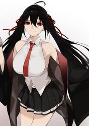  ahoge animal_ears azur_lane bad_id bad_twitter_id bare_shoulders black_hair black_skirt breasts closed_mouth coat collarbone commentary_request cosplay enterprise_(azur_lane) enterprise_(azur_lane)_(cosplay) female floating_hair gloves gradient_background hair_between_eyes hair_ribbon highres large_breasts long_hair looking_at_viewer navel necktie pleated_skirt red_eyes red_necktie red_ribbon ribbon rrr_ato shirt skirt sleeveless sleeveless_shirt smile solo taihou_(azur_lane) twintails very_long_hair white_shirt 