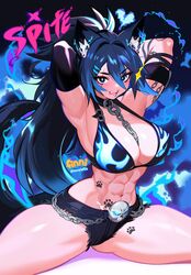  abs animal_ears armpits arms_behind_head ass_visible_through_thighs bikini blue_fire blue_hair breasts chain_leash chains character_name collar commentary english_commentary fangs female fire hair_between_eyes hair_ornament heart highres indie_virtual_youtuber large_breasts leash long_hair looking_at_viewer navel open_mouth ponytail short_shorts shorts skull_hair_ornament solo spite_(vtuber) split swimsuit swolefin tail teeth tongue twitter_username very_long_hair virtual_youtuber watermark wolf_ears wolf_girl wolf_tail 