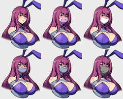  :o animal_ears blush breasts cleavage cloth_gag commentary fake_animal_ears fate/grand_order fate_(series) female gag gagged grey_background improvised_gag jam-orbital large_breasts long_hair looking_at_viewer mask mouth_mask multiple_views official_alternate_costume over_the_nose_gag playboy_bunny purple_hair rabbit_ears red_eyes scathach_(fate) scathach_(piercing_bunny)_(fate) simple_background upper_body 