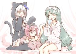  3girls animal_hood aoki_kanemoto_(tenka_hyakken) bandaged_arm bandages black_hairband blue_bow blue_hair blush bow bow_hairband cat_hood collarbone commentary cup eating food food_in_mouth fur_trim green_hair hair_ornament hair_scrunchie hairband holding holding_cup hood legs_up light_blue_hair long_hair looking_at_another lying mug multiple_girls nakamura_hinato nikkari_aoe_(tenka_hyakken) off_shoulder on_bed on_stomach ookurikara_(tenka_hyakken) open_mouth pajamas pocky pocky_in_mouth red_eyes red_hair scrunchie short_hair sitting sleepover sleeves_past_fingers sleeves_past_wrists sweatdrop tenka_hyakken thighhighs v-shaped_eyebrows wariza white_hairband x_hair_ornament 