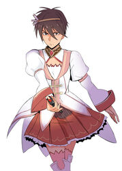  1boy brown_eyes brown_hair brown_hairband cleavage_cutout closed_mouth clothing_cutout cosplay crossdressing crossed_legs gundam gundam_wing hairband heero_yuy highres holding jacket juliet_sleeves long_sleeves looking_at_viewer male_focus name_connection nerotarou princess_connect! puffy_sleeves red_skirt short_hair simple_background skirt solo split_mouth thighhighs white_background white_jacket yui_(princess_connect!) yui_(princess_connect!)_(cosplay) 