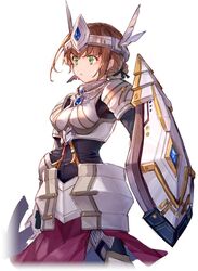  :&lt; achan_(blue_semi) armor armored_boots black_bodysuit bodysuit boots breastplate breasts brown_hair circlet closed_mouth commentary cowboy_shot duvalie eiyuu_densetsu feathers female gem green_eyes hair_bun hajimari_no_kiseki holding holding_shield holding_sword holding_weapon knight medium_breasts sen_no_kiseki shield short_hair shoulder_armor simple_background single_hair_bun solo sword weapon white_background 