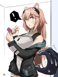  ! 1boy animal_ear_fluff animal_ears arknights armor bare_shoulders black_jacket blush breastplate bright_pupils brown_eyes caught commentary condom condom_wrapper covered_navel doctor_(arknights) female gravel_(arknights) grey_leotard highres holding holding_needle jacket leotard long_hair looking_at_viewer motion_lines needle off_shoulder open_clothes open_jacket pink_hair pov sabotaged_condom solo_focus speech_bubble spoken_exclamation_mark straight sweatdrop tofudofu trembling white_pupils wide-eyed 