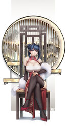  absurdres bare_shoulders blue_eyes blue_hair breasts bridal_gauntlets brown_thighhighs china_dress chinese_clothes cleavage closed_mouth crossed_legs dress earrings feather_boa female flower full_body hair_intakes hair_ornament hair_stick highres ho2nium hololive hololive_english jewelry large_breasts looking_at_viewer ouro_kronii print_dress red_dress red_flower shoes sleeveless sleeveless_dress solo thighhighs virtual_youtuber 