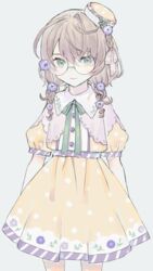  :3 bad_id bad_pixiv_id brown_dress brown_hair closed_mouth commentary dress female flower glasses grey_background hair_flower hair_ornament hair_over_shoulder hat highres iei000 long_hair looking_at_viewer mini_hat nijisanji pleated_dress polka_dot polka_dot_dress puffy_short_sleeves puffy_sleeves purple_flower round_eyewear short_sleeves simple_background solo tilted_headwear virtual_youtuber white_hat yaguruma_rine 