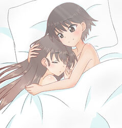  2girls bad_id bad_pixiv_id bed blush brown_eyes brown_hair collarbone girls_und_panzer happy highres hug isobe_noriko long_hair looking_at_another multiple_girls nude open_mouth pillow rukuriri_(girls_und_panzer) shiny_skin short_hair sleeping smile sunlight tan tanlines tanutika under_covers yuri 