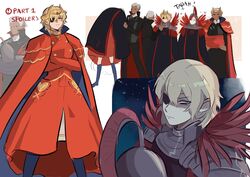  2boys absurdres armor blonde_hair blue_eyes cape closed_mouth commentary_request cosplay crossed_arms dark-skinned_male dark_skin dedue_molinaro dimitri_alexandre_blaiddyd edelgard_von_hresvelg edelgard_von_hresvelg_(cosplay) eyepatch fire_emblem fire_emblem:_three_houses flame_emperor funyanrinpa grey_hair halloween halloween_costume headpiece helmet highres horns multiple_boys parted_lips short_hair spoilers 