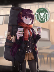  absurdres black_coat black_jacket black_pantyhose brand_name_imitation brown_skirt character_doll checkered_clothes checkered_skirt closed_mouth coat commentary cowboy_shot cup disposable_coffee_cup disposable_cup doll english_commentary enpera female girls&#039;_frontline gongbangmanchi_(daisy_cutter) hair_ribbon highres holding holding_cup jacket kalina_(girls&#039;_frontline) long_hair looking_at_viewer necktie official_alternate_costume open_clothes open_jacket pantyhose pleated_skirt print_scarf purple_hair red_eyes red_necktie red_ribbon red_scarf reindeer ribbon scarf shirt simple_background skirt snowflake_print solo springfield_(girls&#039;_frontline) standing starbucks stuffed_animal stuffed_toy vest wa2000_(date_in_the_snow)_(girls&#039;_frontline) wa2000_(girls&#039;_frontline) weapon_bag white_shirt 