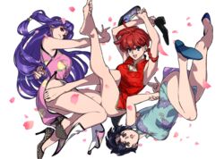  3girls :d aqua_dress arms_up artist_name barefoot blue_hair braid braided_ponytail breasts china_dress chinese_clothes cleavage cleavage_cutout closed_mouth clothing_cutout dress falling_petals fingernails high_heels holding holding_shoes leg_up long_hair looking_at_viewer mojisan_(ebimo) multiple_girls open_mouth petals pink_dress purple_hair ranma-chan ranma_1/2 red_dress red_hair shampoo_(ranma_1/2) shoes short_hair single_braid sleeveless sleeveless_dress smile teeth tendou_akane toenails toes unworn_shoes upper_teeth_only upside-down very_long_hair white_background 