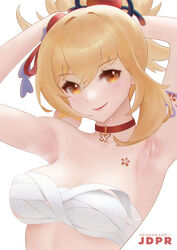  armpits arms_up bandages bikini blonde_hair breasts choker cleavage female flower_tattoo genshin_impact jdpr lips looking_at_viewer medium_breasts patreon_username ponytail presenting_armpit sarashi sidelocks simple_background smile steam steaming_body sweat swimsuit tattoo tying_hair upper_body white_background yellow_eyes yoimiya_(genshin_impact) 