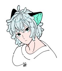  1boy abyff14 aged_up animal_ears aqua_eyes cat_ears grey_hair looking_at_viewer luo_xiaohei luo_xiaohei_(human) luo_xiaohei_zhanji male_focus portrait shirt short_hair signature simple_background solo white_background white_shirt 