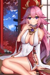  :q absurdres bare_shoulders breasts cleavage closed_mouth covered_navel crossed_bangs detached_sleeves female genshin_impact hair_ornament heart heart-shaped_pupils highres japanese_clothes large_breasts long_sleeves looking_at_viewer md5_mismatch milira pink_hair purple_eyes sideboob sitting smile symbol-shaped_pupils thighs tongue tongue_out wide_sleeves yae_miko 