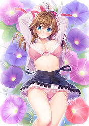  :o areolae arms_up blue_eyes blush bound bra breasts brown_hair feet_out_of_frame feet_up female floral_background flower lace-trimmed_bra lace-trimmed_panties lace_trim large_breasts long_hair long_sleeves misono_emiri official_art open_clothes open_shirt outer_glow panties petticoat photoshop_(medium) pink_bra pink_panties ribbon ribbon_bondage sei_no_shoujo_-_bishoujo_gakuen_3_- side-tie_panties skirt solo strap_slip suspender_skirt suspenders thigh_gap underwear yamakaze_ran 