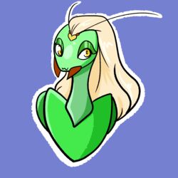  1:1 absurd_res anthro arthropod blonde_hair blue_background border brizzie chinese_mantis female hair heart_symbol hi_res hirothedragon insects long_hair mandibles mantis non-mammal_hair simple_background solo white_border yellow_eyes 