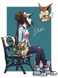  absurdres akiwashi bag bench black_pantyhose bow brown_hair character_name closed_mouth commentary_request double_bun eating female from_side hair_bun highres holding long_hair one-hour_drawing_challenge pantyhose pantyhose_under_shorts pink_bow pokemon pokemon_(creature) pokemon_bw2 raglan_sleeves rosa_(pokemon) shoes short_shorts shorts sitting smile sneakers snivy twintails unworn_bag victini visor_cap yellow_shorts 