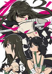  2boys bald biwamaru black_hair brown_eyes commentary_request dororo_(character) dororo_(tezuka) female hair_over_one_eye hands_on_another&#039;s_head highres hyakkimaru_(dororo) long_hair looking_at_viewer multiple_boys multiple_views profile prosthesis prosthetic_arm prosthetic_weapon sitting takoda_(piyoke78) upper_body 