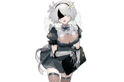  blindfold bow breasts cleavage dress elbow_gloves gloves gray_hair headband maid nier nier:_automata popnmusic17 short_hair thighhighs waitress white wings yorha_unit_no._2_type_b zettai_ryouiki 