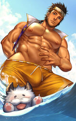  1boy abs absurdres arkapami bara bare_pectorals beard black_hair blue_eyes bulge closed_mouth cloud cropped_jacket day facial_hair hand_on_own_stomach highres jacket jarvan_iv_(league_of_legends) large_pectorals league_of_legends looking_at_viewer male_focus male_swimwear muscular muscular_male navel nipples open_clothes open_jacket outdoors partially_submerged pectorals poro_(league_of_legends) purple_jacket short_hair sideburns sky summer water yellow_male_swimwear 