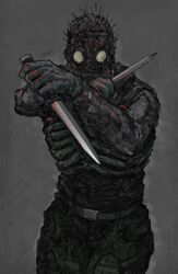  1boy absurdres armor aura belt buckle caiman_(dorohedoro) covered_face cowboy_shot dorohedoro dual_wielding facing_viewer fighting_stance gas_mask gloves grey_background grey_theme highres holding holding_weapon knife male_focus mask outstretched_arms pants reaching reaching_towards_viewer reverse_grip ribs shirt simple_background sleeveless snap-fit_buckle solo spikes tight_clothes tight_shirt tumubar117 weapon 