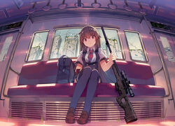  accuracy_international ai_arctic_warfare bag bolt_action brown_footwear brown_hair building commentary_request damaged duplicate female from_ground gun holding holding_gun holding_weapon loafers mecha_musume mechanical_parts necktie original overgrown pixel-perfect_duplicate red_eyes red_necktie rifle scope shoes sitting skirt skyscraper sniper_rifle thighhighs thighs train_interior weapon yasumo_(kuusouorbital) zettai_ryouiki 