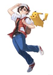  1boy absurdres akiwashi baseball_cap belt belt_buckle black_hair black_shirt blue_pants brown_belt buckle closed_mouth commentary_request full_body hand_on_headwear hat highres holding_strap jacket male_focus pants pikachu pokemon pokemon_(creature) pokemon_rgby red_(pokemon) red_headwear shirt shoes short_hair short_sleeves smile white_footwear 