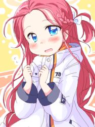  blue_archive blue_eyes blush closed_mouth female forehead geetsu hair_ornament halo jacket jaggy_lines long_hair looking_at_viewer oekaki open_mouth red_hair school_uniform simple_background solo sweat yuzu_(blue_archive) 