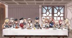  6+girls :t alcohol ark_royal_(kancolle) armor beer beret bismarck_(kancolle) black_bow black_headwear black_skirt blonde_hair blue_shawl blue_shirt borscht_(food) bottle bow braid breastplate breasts brown_hair burger chair chewing cleavage closed_eyes closed_mouth commentary_request corset crop_top crown cup detached_sleeves disposable_cup dress drink drinking_glass eating fine_art_parody flower food food_on_face fork french_fries fur_hat gangut_(kancolle) garter_straps glasses gloves graf_zeppelin_(kancolle) grey_hair hair_ornament hairbow half_up_braid hat headdress highres holding holding_food hot_dog ice_cream ido_(teketeke) indoors iowa_(kancolle) jacket johnston_(kancolle) kantai_collection light_brown_hair littorio_(kancolle) long_hair long_sleeves long_table low_twintails marmite meatball military military_hat military_uniform mini_crown mole mole_under_eye mole_under_mouth multiple_girls nissin_cup_noodle noodles off-shoulder_dress off_shoulder one-piece_swimsuit onigiri papakha parody pasta peaked_cap pizza plate pleated_skirt pom_pom_(clothes) ponytail popsicle prinz_eugen_(kancolle) red_flower red_hair red_ribbon red_rose ribbon richelieu_(kancolle) ro-500_(kancolle) roma_(kancolle) rose sailor_collar sausage school_swimsuit shawl shirt skirt sleeveless sleeveless_shirt spaghetti spaghetti_and_meatballs spoon star_(symbol) swimsuit swimsuit_under_clothes table tan tashkent_(kancolle) the_last_supper thighhighs twintails two_side_up uniform warspite_(kancolle) wavy_hair white_dress white_hair window wine wine_glass 