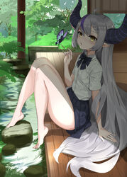  absurdres ahoge alternate_costume barefoot black_bow black_bowtie black_skirt bow bowtie braid bug butterfly crystal_shoujo deck_(architecture) demon_girl female highres hololive horns la+_darknesss long_hair multicolored_hair open_mouth outdoors pillar pleated_skirt pointy_ears purple_nails rock school_uniform shadow shirt sitting skirt slit_pupils solo streaked_hair striped_horns thighs tree virtual_youtuber white_shirt yellow_eyes 