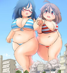  banned_artist bikini black_hair breasts brown_eyes brown_hair destruction eno_konoe fat giantess glasses huge_breasts long_hair mikomu multiple_girls original plump red_eyes striped striped_bikini swimsuit 