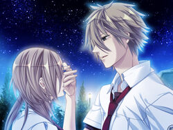  1boy collared_shirt female from_side game_cg kazuaki light_smile miyaji_ryunosuke necktie night night_sky parted_lips photoshop_(medium) profile red_necktie shirt sky star_(sky) starry_sky starry_sky_(game) white_shirt yahisa_tsukiko 