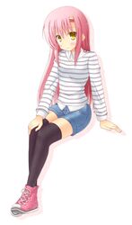  bad_id bad_pixiv_id black_thighhighs blue_shorts blush casual closed_mouth denim denim_shorts female hayate_no_gotoku! hinata_mirun invisible_chair katsura_hinagiku long_hair pink_footwear pink_hair shirt shoes shorts simple_background sitting sneakers solo striped_clothes striped_shirt thighhighs white_background yellow_eyes 