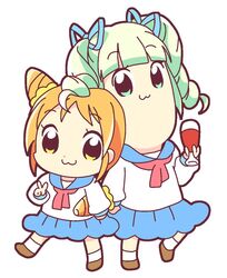  2girls :3 aikatsu! aikatsu!_(series) arisugawa_otome arisugawa_otome_(cosplay) bkub_(style) blue_ribbon blue_skirt blunt_bangs brown_footwear closed_mouth commentary_request cone_hair_bun cosplay cup detached_hair drill_hair drink drinking_glass food full_body glass hair_bun hair_ornament hair_ribbon hair_scrunchie hand_up holding holding_cup long_hair long_sleeves looking_at_viewer mirai_(sugar) multiple_girls neckerchief pipimi pleated_skirt poptepipic popuko red_neckerchief ribbon school_uniform scrunchie serafuku shoes short_hair single_hair_bun skirt smile socks standing standing_on_one_leg todo_yurika todo_yurika_(cosplay) twin_drills twintails v white_legwear 