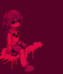  arm_support black_sclera braid colored_sclera commentary_request female hair_between_eyes kneehighs kumauwo loafers looking_at_viewer madotsuki monochrome red_background red_eyes red_theme shoes simple_background sitting skirt socks solo splatter tareme twin_braids yume_nikki 