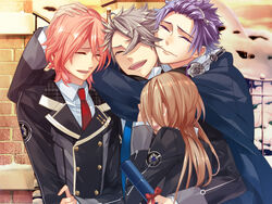  1boy 3girls :d ^_^ amaha_tsubasa aozora_hayato black_hair blazer brown_hair closed_eyes game_cg happy hug jacket kazuaki long_hair long_sleeves multiple_girls necktie open_mouth photoshop_(medium) purple_hair red_hair red_necktie shiranui_kazuki short_hair smile starry_sky_(game) yahisa_tsukiko 