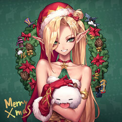  alternate_costume ambitious_elf_jinx bare_arms bare_shoulders blonde_hair bow bullet choker christmas closed_eyes collarbone commentary creature dress elf female freckles fur-trimmed_gloves fur_trim gauntlets gloves green_background green_eyes grin hair_bun hairbow has_bad_revision hat head_tilt highres holding holly jinx_(league_of_legends) leaf league_of_legends long_hair looking_at_viewer md5_mismatch merry_christmas oopartz_yang pinecone pointy_ears polka_dot polka_dot_choker red_bow red_choker red_dress red_gloves red_hat saliva santa_costume santa_hat side_ponytail single_hair_bun single_side_bun smile star_(symbol) strapless strapless_dress tongue tongue_out upper_body very_long_hair wreath 