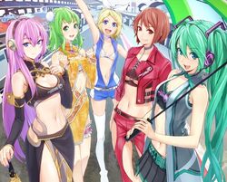  5girls :d adapted_costume alternate_costume aqua_eyes aqua_hair aqua_nails arm arm_up bare_arms bare_legs bare_shoulders bellybutton belt black_skirt blonde_hair blue_eyes bow breasts brown_eyes brown_hair chignon china_dress chinese_clothes choker cleavage cleavage_cutout clenched_hands cross-laced_clothes cutout cutout_pants detached_collar detached_sleeves double_bun dress female green_eyes green_hair gumi hair_between_eyes hair_ornament hairbow hairclip hatsune_miku headphones headset highres jacket kagamine_rin large_breasts leg_cutout legs long_hair looking_at_viewer megurine_luka meiko midriff mini_shorts multiple_girls nail_polish navel neck open_mouth pants pink_hair pleated_skirt purple_nails race_queen racequeen red_clothes red_eyes round_teeth short_hair short_shorts shorts skirt sleeveless sleeveless_turtleneck smile standing thighhighs turtleneck twintails umbrella underboob vest vocaloid white_bow white_legwear white_thighhighs 